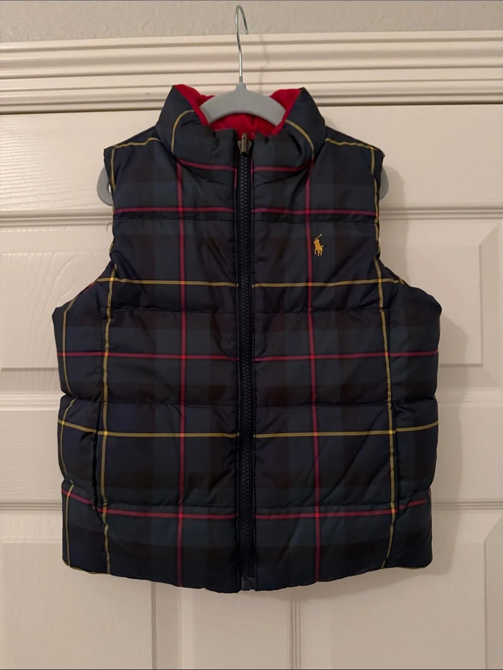 Ralph Lauren Navy Plaid Quilted Puffer Vest with Red Lining